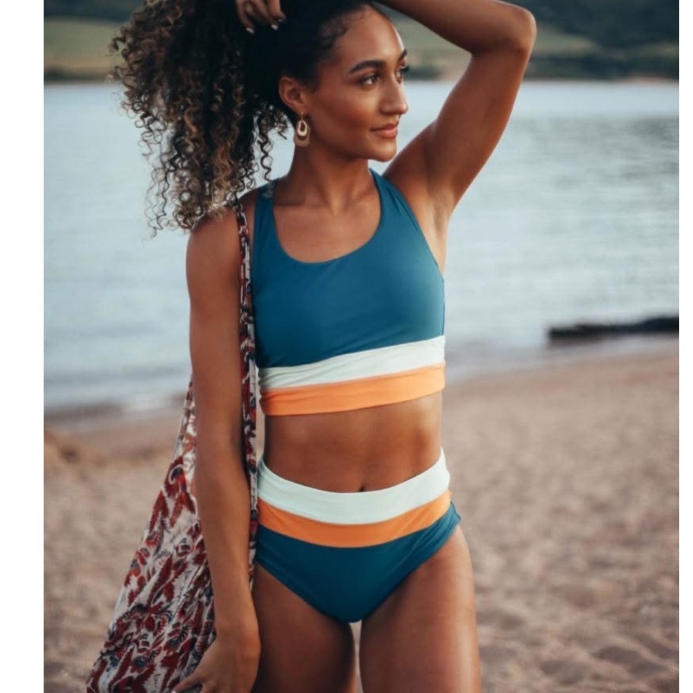Nani Swimwear Laguna Cut Back Crop Bikini Set Teal Orange Colorblock Medium
